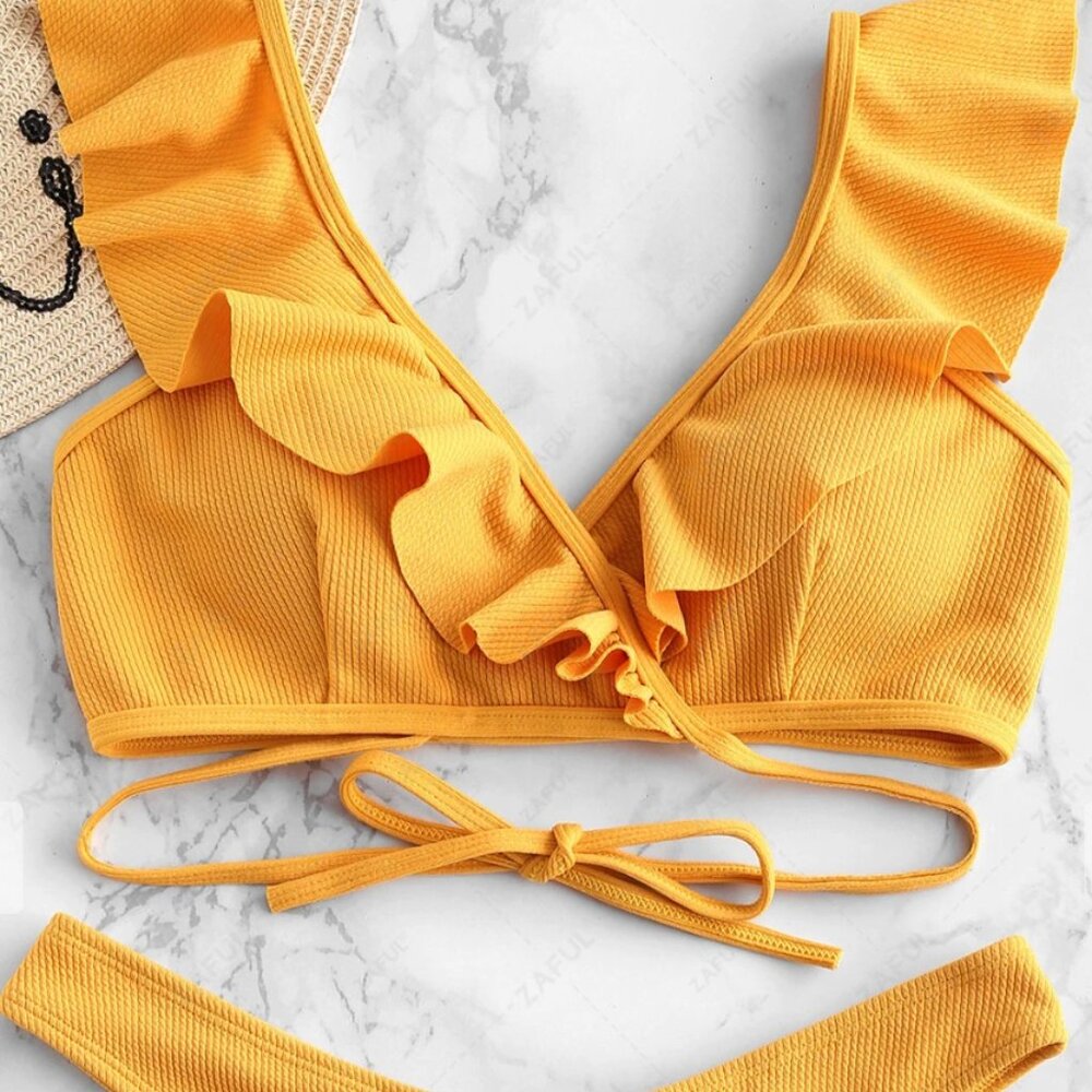 Zaful Yellow Bikini Set - Ribbed Scrunch Butt Wrap Bikini Set